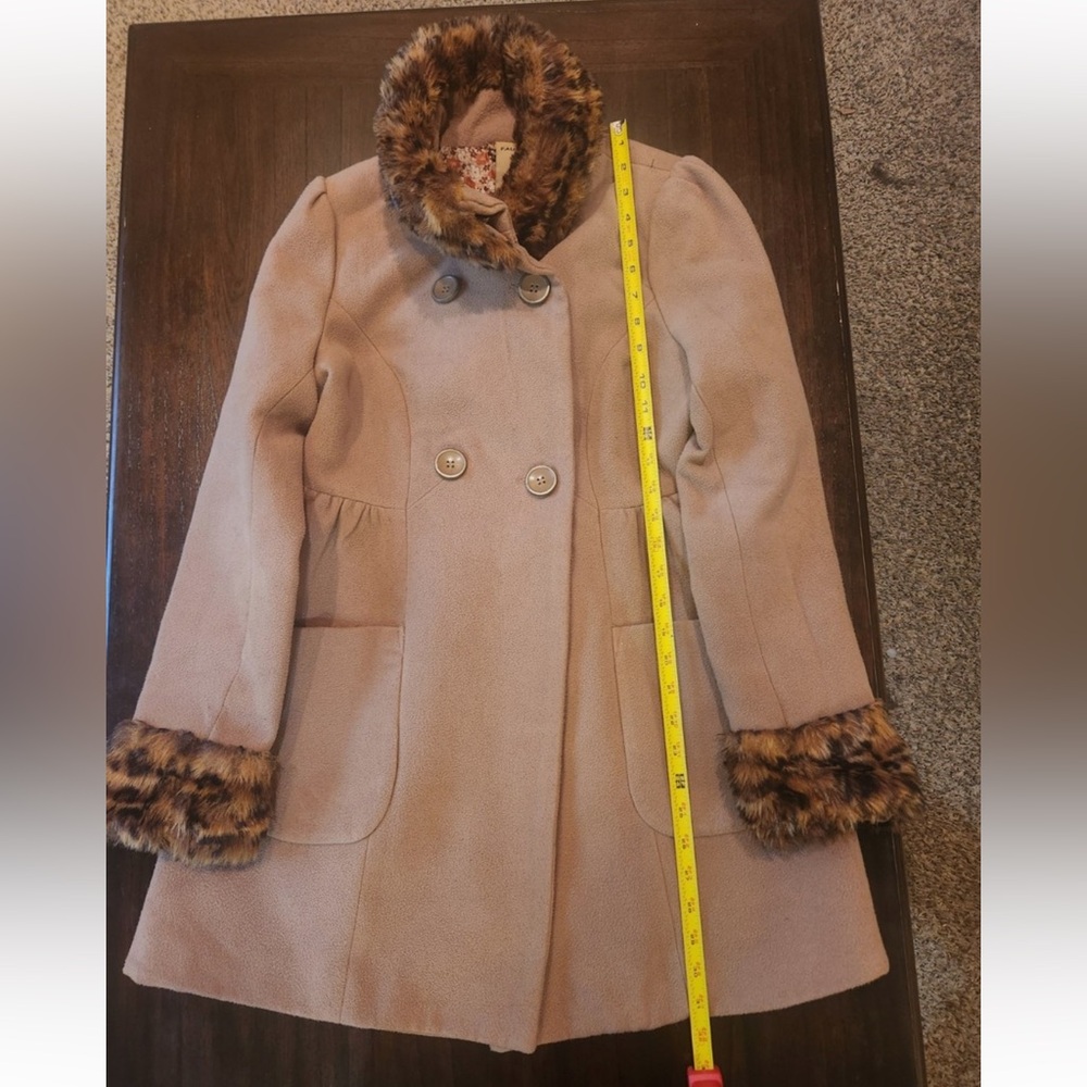 Jou Jou Camel Pea Coat with Leopard Faux Fur Accents - Picture 7 of 10
